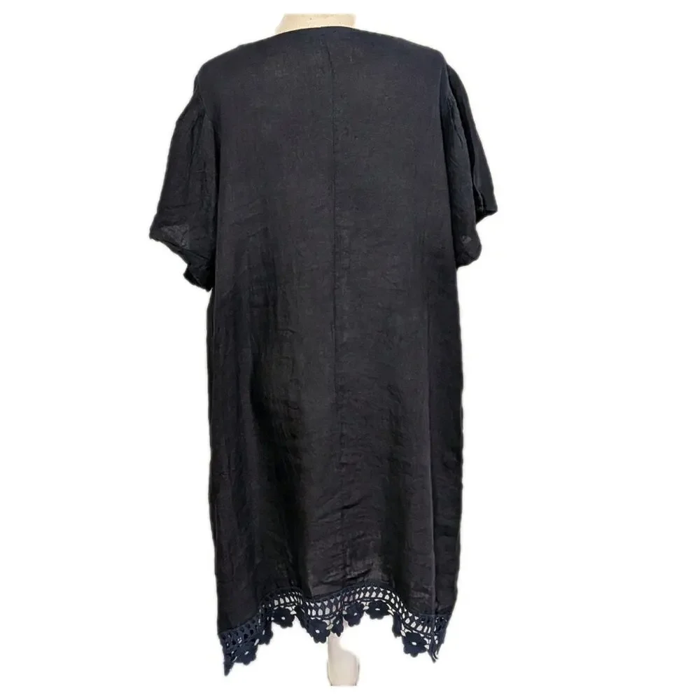 Bellambra Navy Linen Dress Size 1X Made In Italy Crochet Trim Short Sleeve - Picture 3 of 10